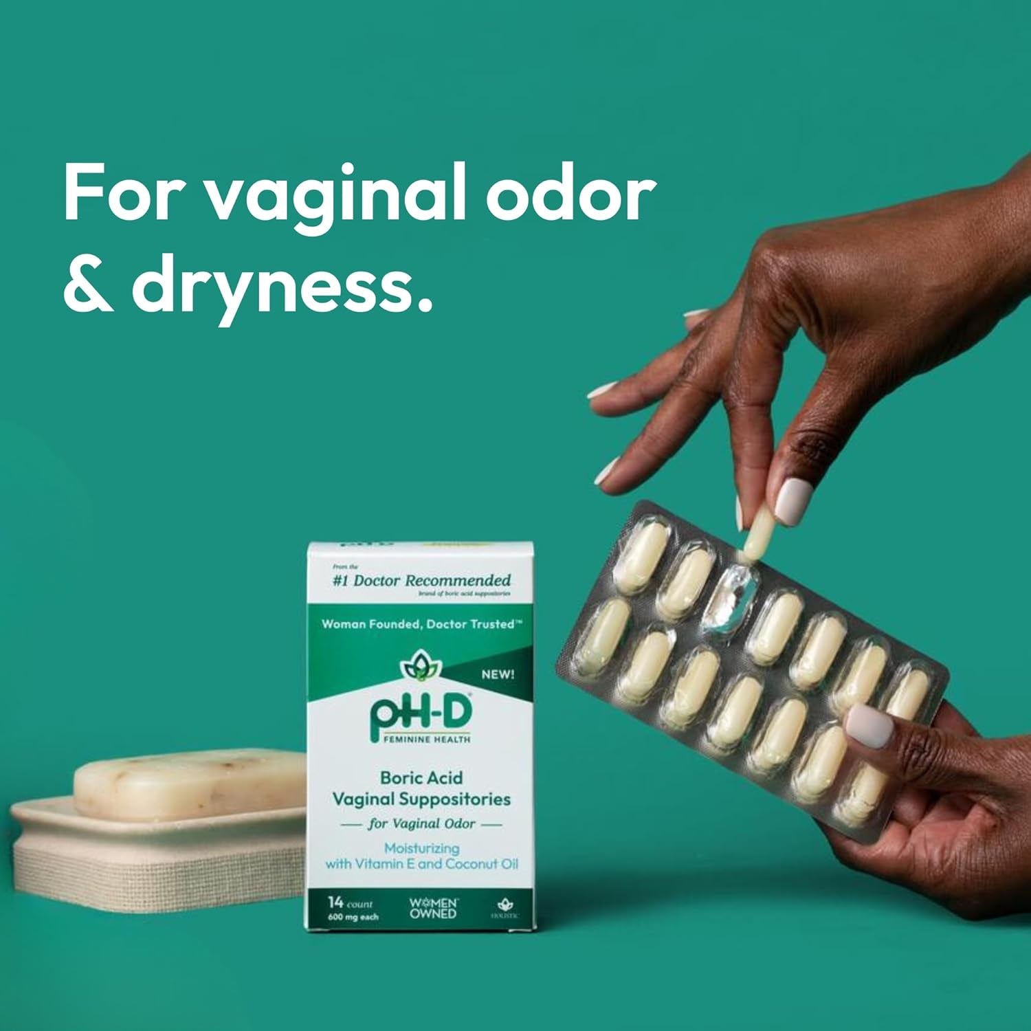 pH-D Feminine Health Support Moisturizing Boric Acid Vaginal Suppositories – 14 Count | Odour Relief & Hydration