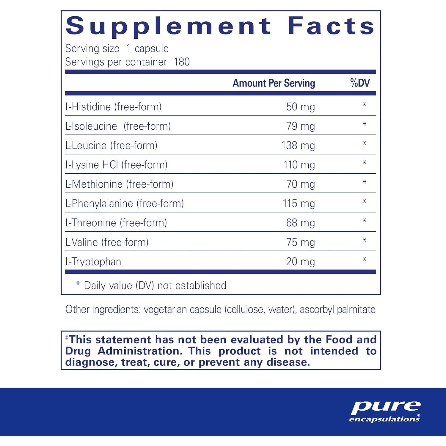 Pure Encapsulations Essential Aminos – 180 Capsules | Full-Spectrum Amino Acid Support for Muscle & Brain Health