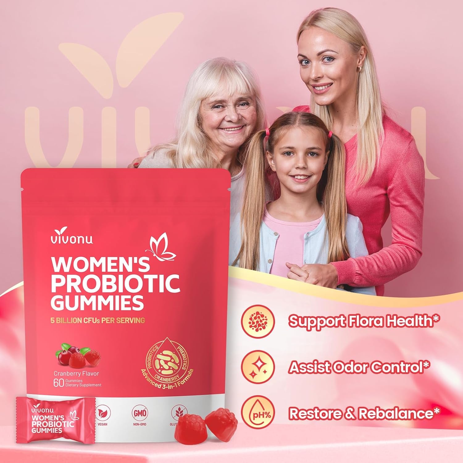 VivoNu Women’s Probiotic Gummies (Cranberry Flavor) – 60 Gummies | Vaginal Balance, pH Support & Digestive Health