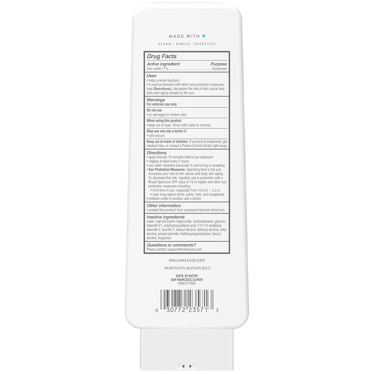 Sunscreen Lotion Vanilla Milk & Shea SPF 30, 100% Mineral SPF for Face & Body Broad Spectrum UVA UVB for Men & Women, Suitable for Sensitive Skin & Hawaii Compliant, Lightweight, 7Oz