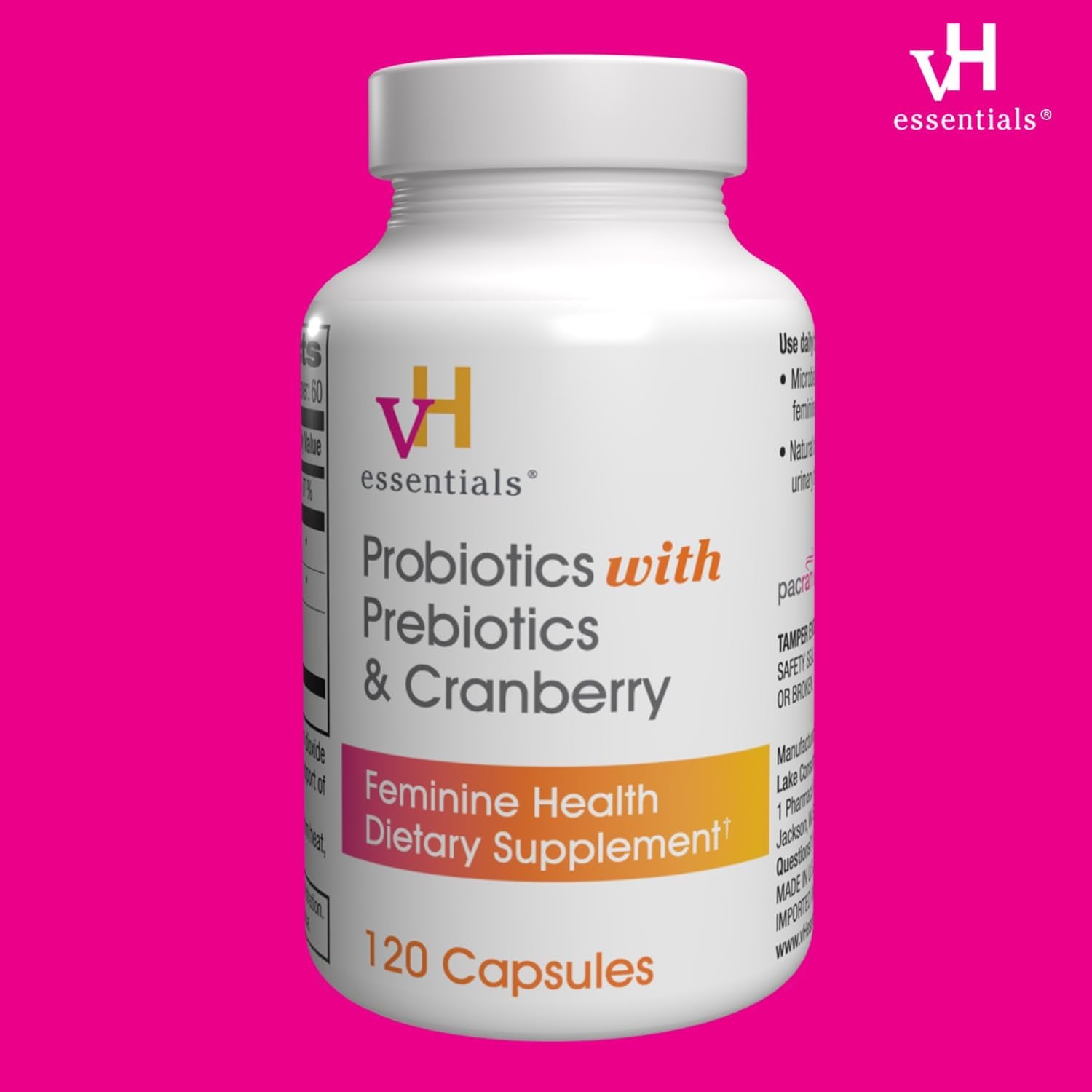 vH essentials Probiotics with Prebiotics & Cranberry – 120 Capsules | Triple-Action Feminine & Urinary Tract Health Support