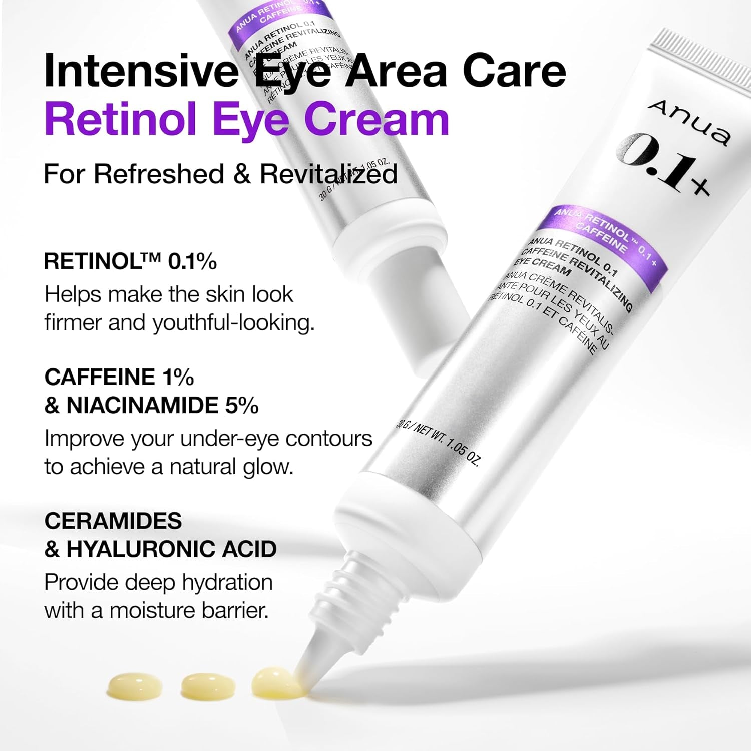 ANUA Retinol 0.1+ Caffeine Revitalizing Eye Cream – 30g | Firming, Brightening & Hydrating
