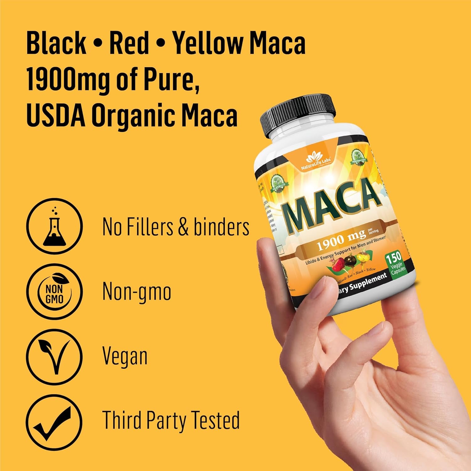 NatureLife Labs Organic Maca Root – Black, Red & Yellow – 1900 Mg per Serving – 150 Capsules – Gelatinized Peruvian Maca – Non-Gmo, Gluten-Free, Vegan