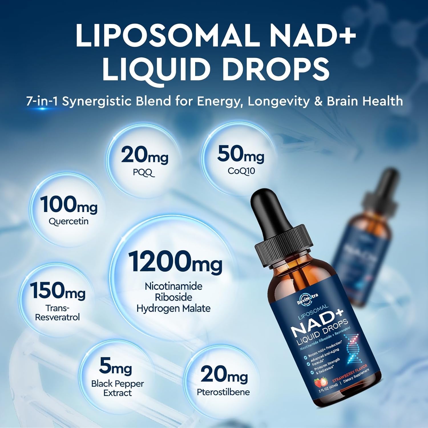 Liposomal NAD+ Liquid Supplement, Nad Resveratrol Supplement for Women & Men, Nicotinamide Riboside with PQQ, Coq10, Quercetin for Anti-Aging, Brain, Cellular Energy Health, Strawberry Flavor, 2 Fl Oz