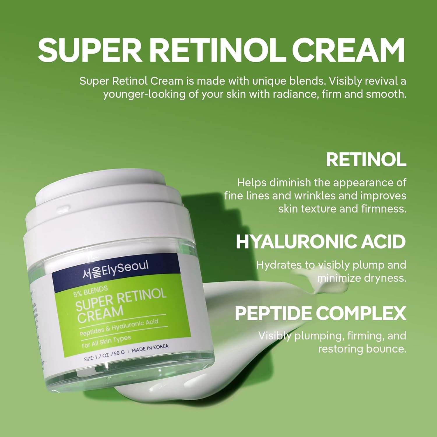Retinol Cream for Face Korean Skincare: Anti-Aging Collagen Peptides & Hyaluronic Acid Face Cream for Women, 1.7 Oz.
