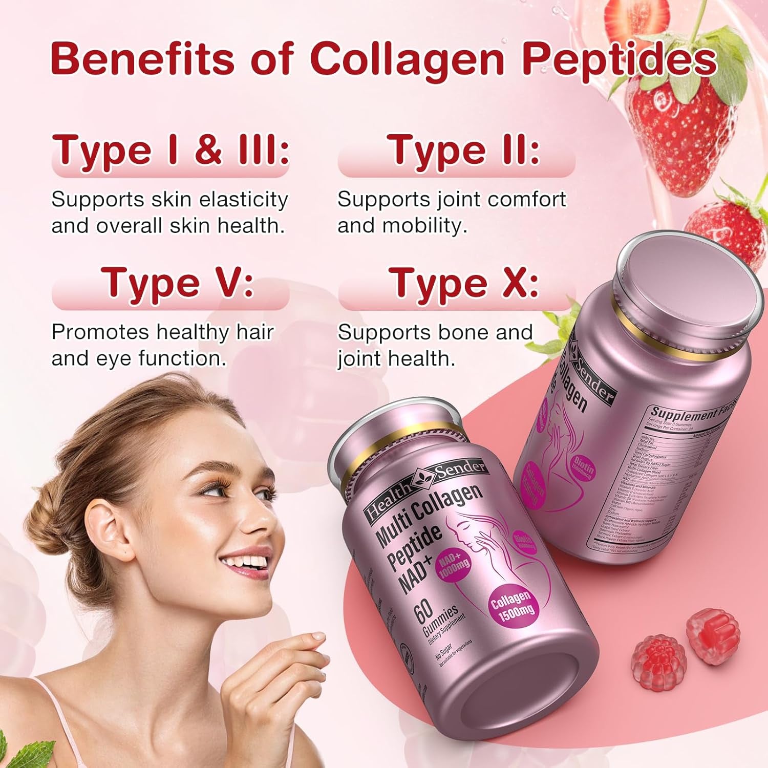 Collagen Peptide Gummies, Sugar-Free Woman &Man'S Proteins Collagen Gummy Filled 1500Mg Hydrolyzed Collagen Type I,Ii,Iii,V,X,1000Mg NAD 15000Mcg Biotin Supplement for Skin, Hair, Nails