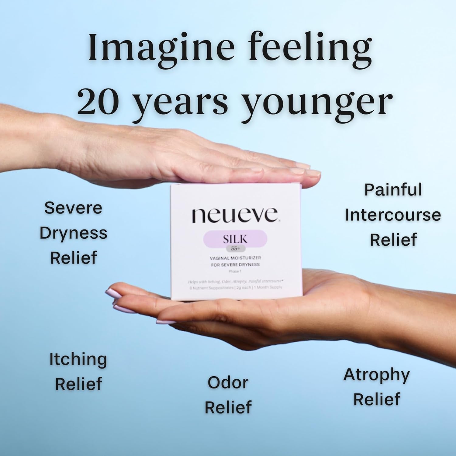 NeuEve Silk Age 55+ Vaginal Suppositories for Menopause Relief, Vaginal Dryness, Irritation & Itching, with All-Natural Ingredients, Phase 1 | 8 Count | 1-Month Supply