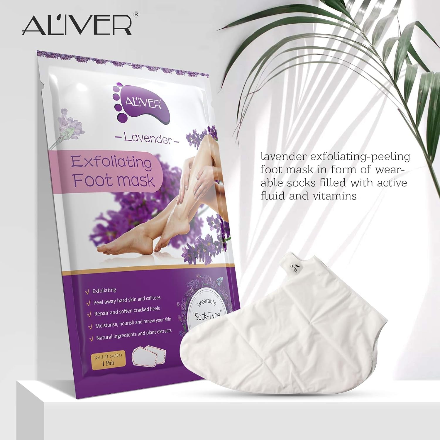 ALIVER Exfoliating Foot Mask – Lavender – 5 Pack | Peels Dead Skin for Baby-Soft Feet