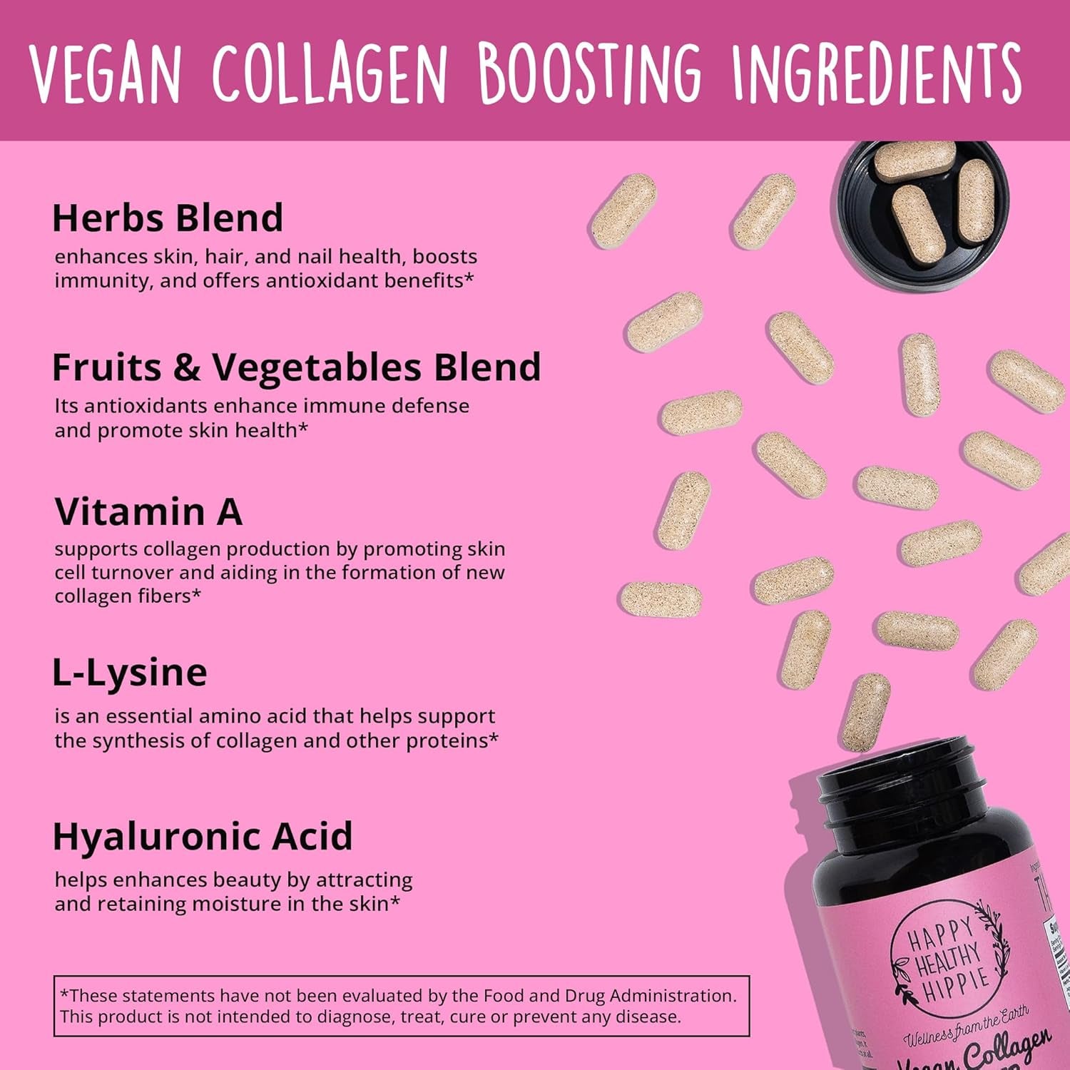 Happy Healthy Hippie Vegan Collagen Builder – 60 Tablets | Plant-Based Support for Radiant Skin, Hair & Nails