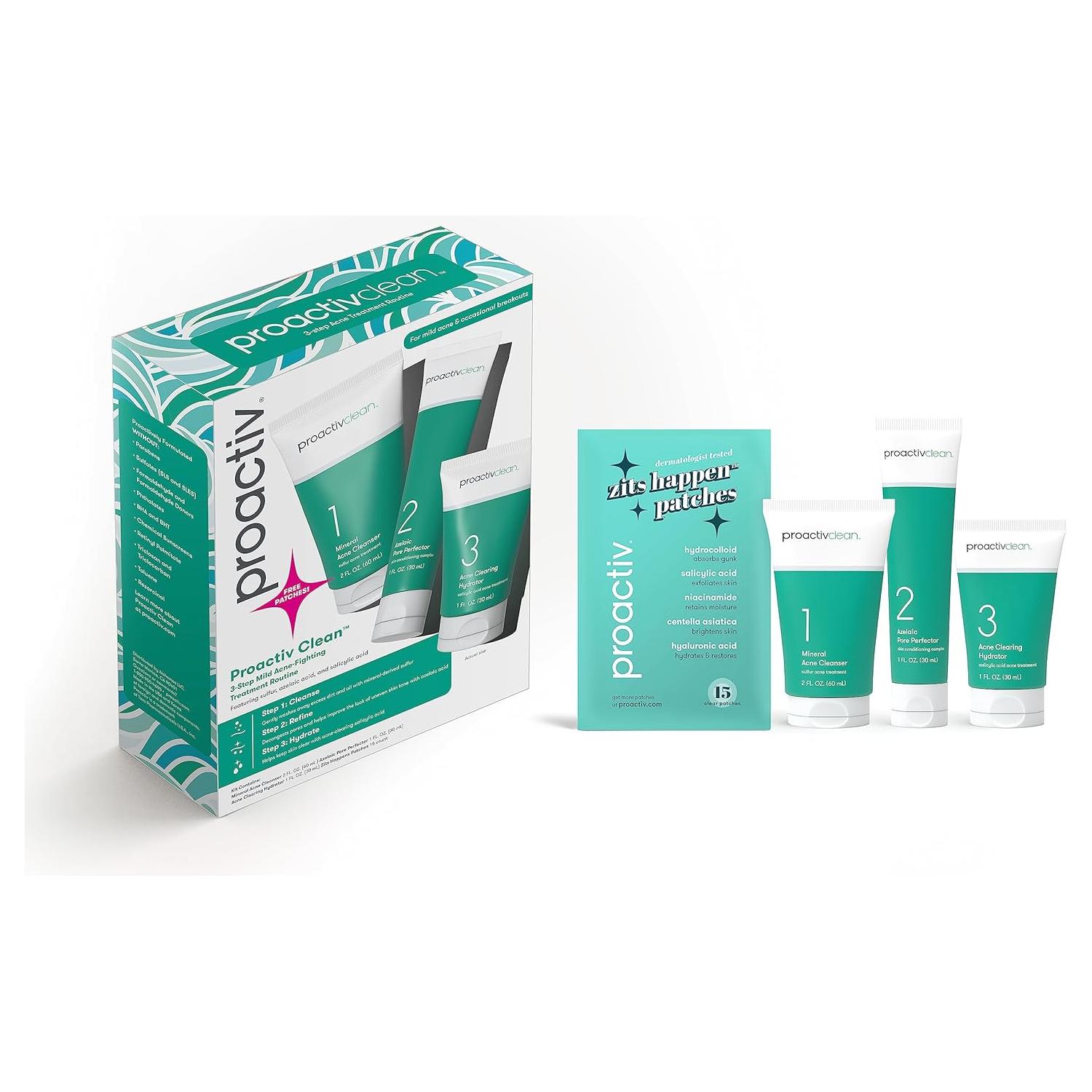 Proactiv Clean 3 Step Acne Treatment Routine- 30 Day Acne Skin Care Kit W/Zits Happen® Pimple Patches