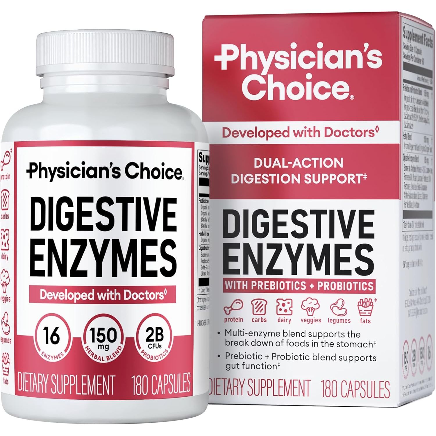 Physician's Choice Digestive Enzymes - 180 Count | Dual-Action Digestive Support
