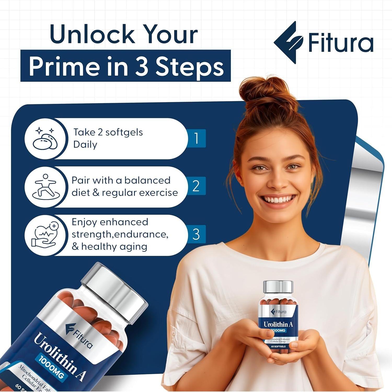 Fitura Urolithin A Supplement – 1000mg, 60 Softgels | Cellular Energy, Muscle Strength & Healthy Aging Support