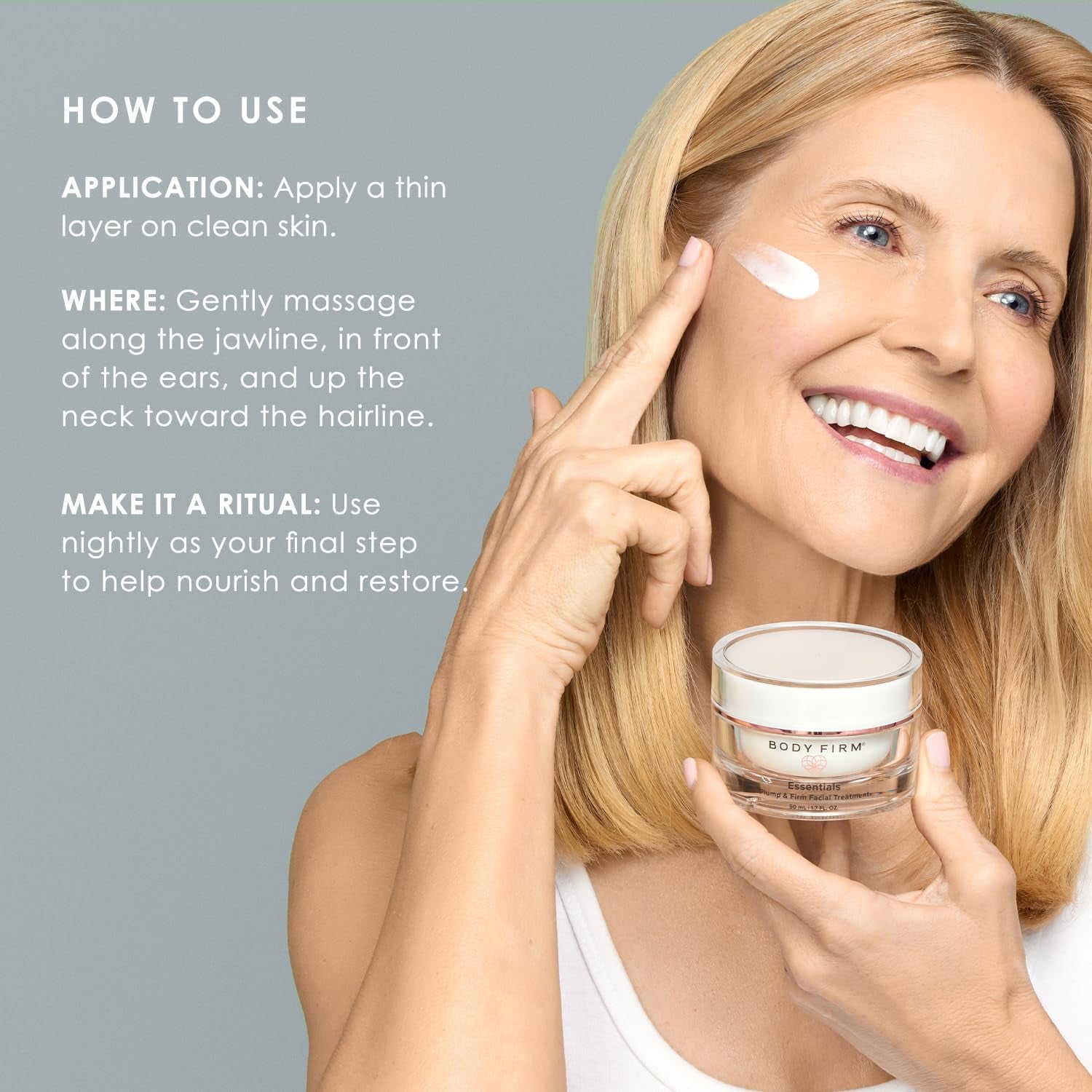 BODY FIRM Essentials Plump & Firm Facial Treatment – 50ml | Overnight Hydration & Wrinkle-Smoothing Formula