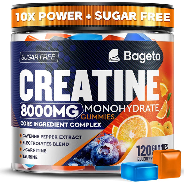 Bageto Creatine Monohydrate Gummies – 120 Gummies (Raspberry+Blueberry)| 1+6 Complex for Muscle Growth, Energy & Fast Recovery