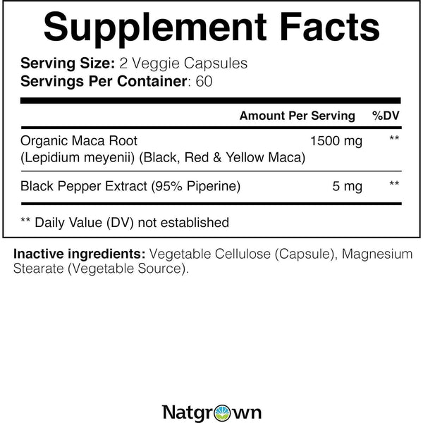Natgrown Organic Maca Root Powder Capsules 1500 Mg with Black + Red + Yellow Peruvian Maca Root - 120 Capsules - Glam Global UKNatgrown