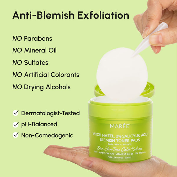 MAREE Witch Hazel & 2% Salicylic Acid Blemish Toner Pads – 90 Pads | Clear Skin & Pore Refining Treatment