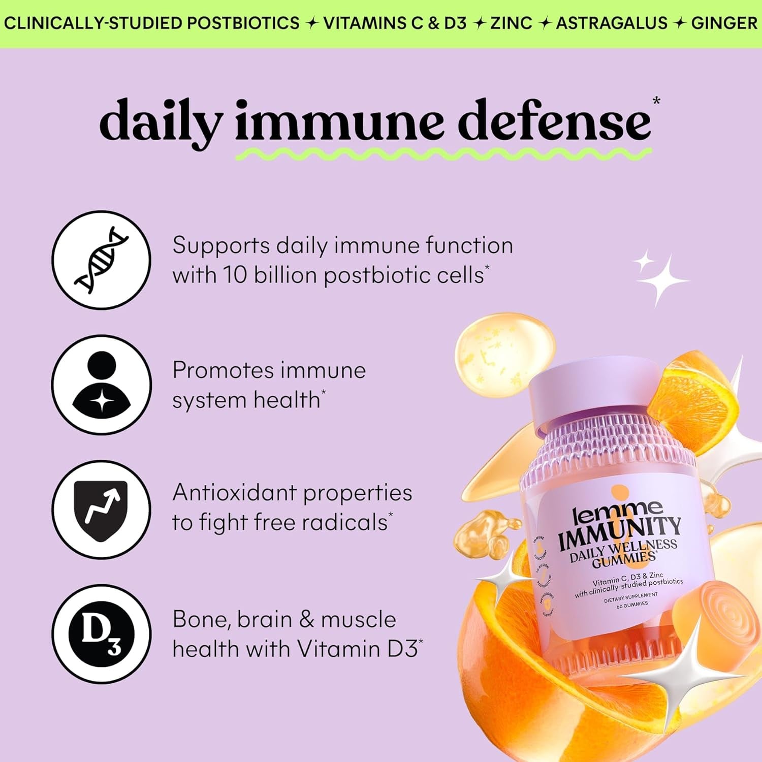 Lemme Immunity Daily Wellness Gummies – 60 Gummies | Daily Immune Support with Vitamin C, D3, Zinc & Postbiotics