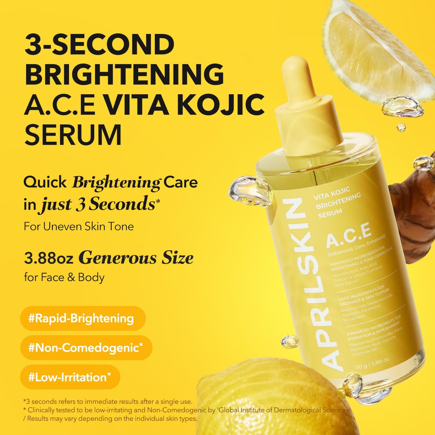 A.C.E Serum｜Vita Kojic Serum for Brightening & Glow｜3-Second Brightening｜Kojic Acid & Vitamin C for Uneven Skin Tone｜Korean Skin Care｜3.88 Oz.