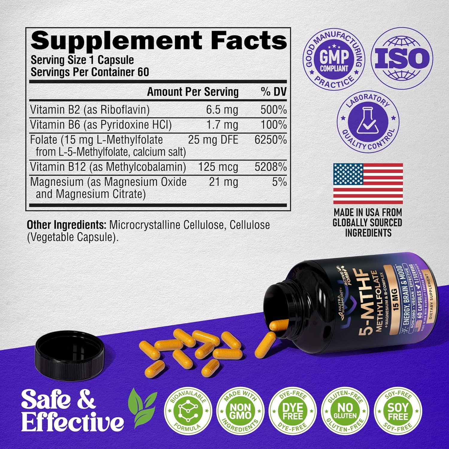 NUTRAHARMONY 5-MTHF Methylfolate Supplement – 60 Capsules | High-Potency Active B9 with B2, B6, B12 & Magnesium