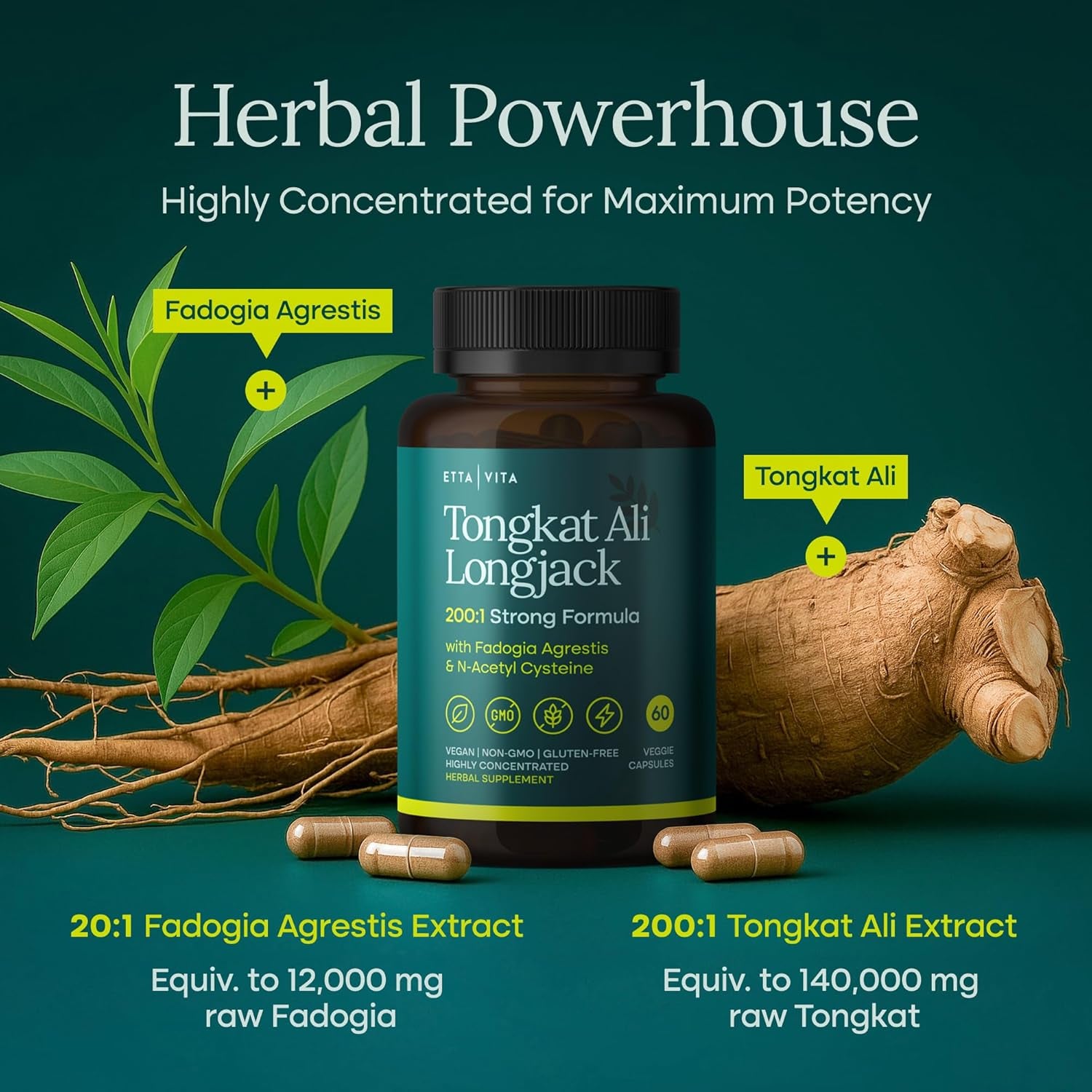 Potent Longjack - Tongkat Ali & Fadogia Agrestis Supplement for Men & Womens Energy, T Support, Lean Muscle Growth & Recovery, Hormonal Balance, Pre-Workout with Vegan NAC Liver Detox & Cleanse