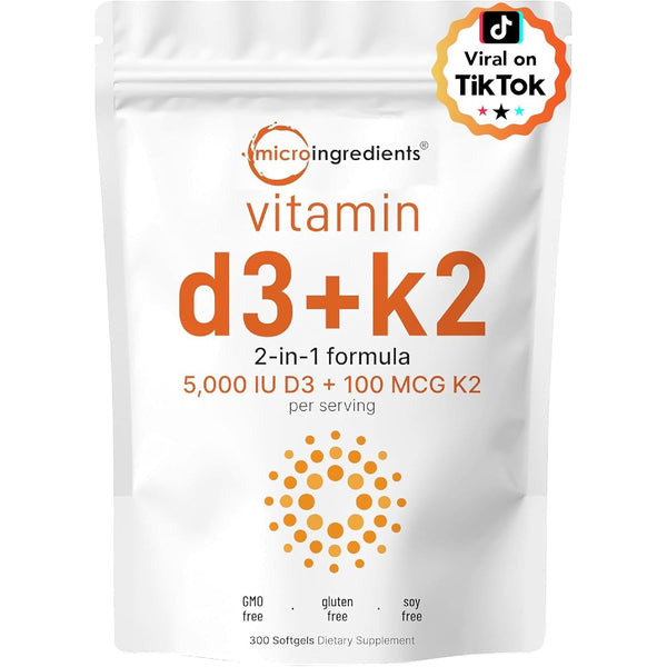 Micro Ingredients Vitamin D3 + K2 Supplement – 300 Softgels | 2-in-1 Bone, Heart & Immune Support with MK7 & Sunflower Oil