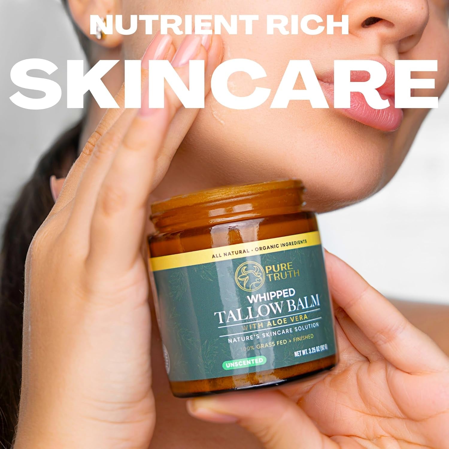 Whipped Tallow and Honey Balm (Unscented), Beef Tallow for Skin Care, Grass Fed + Finished Tallow Moisturizer Cream for Face & Body W/Organic Honey, Aloe Vera, Jojoba Oil, Men Women 3.25Oz