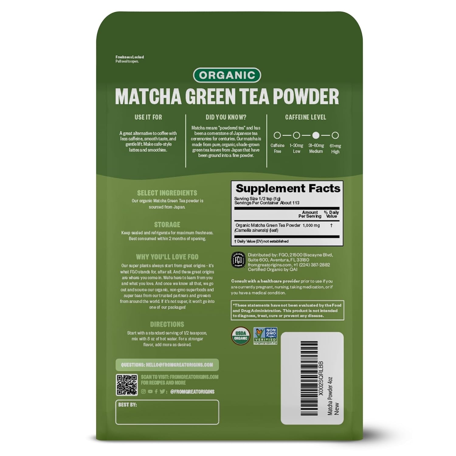 FGO Organic Matcha Green Tea Powder - 113g