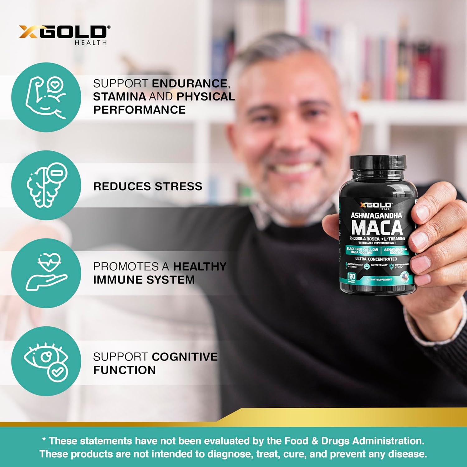 X Gold Health Ashwagandha Maca – 120 Capsules | Energy, Hormone Balance & Mood Support