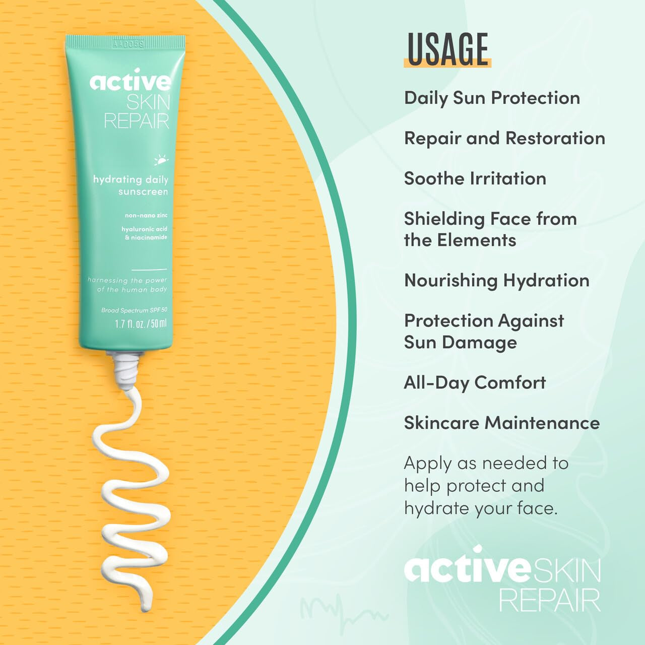 Active Skin Repair SPF 50 Ewg-Certified Hydrating Daily Sunscreen and Face Moisturizer, Non-Nano Zinc, Non-Toxic Broad Spectrum Protection Hydrating Mineral Facial Sunscreen, 1.7 Fl. Oz.