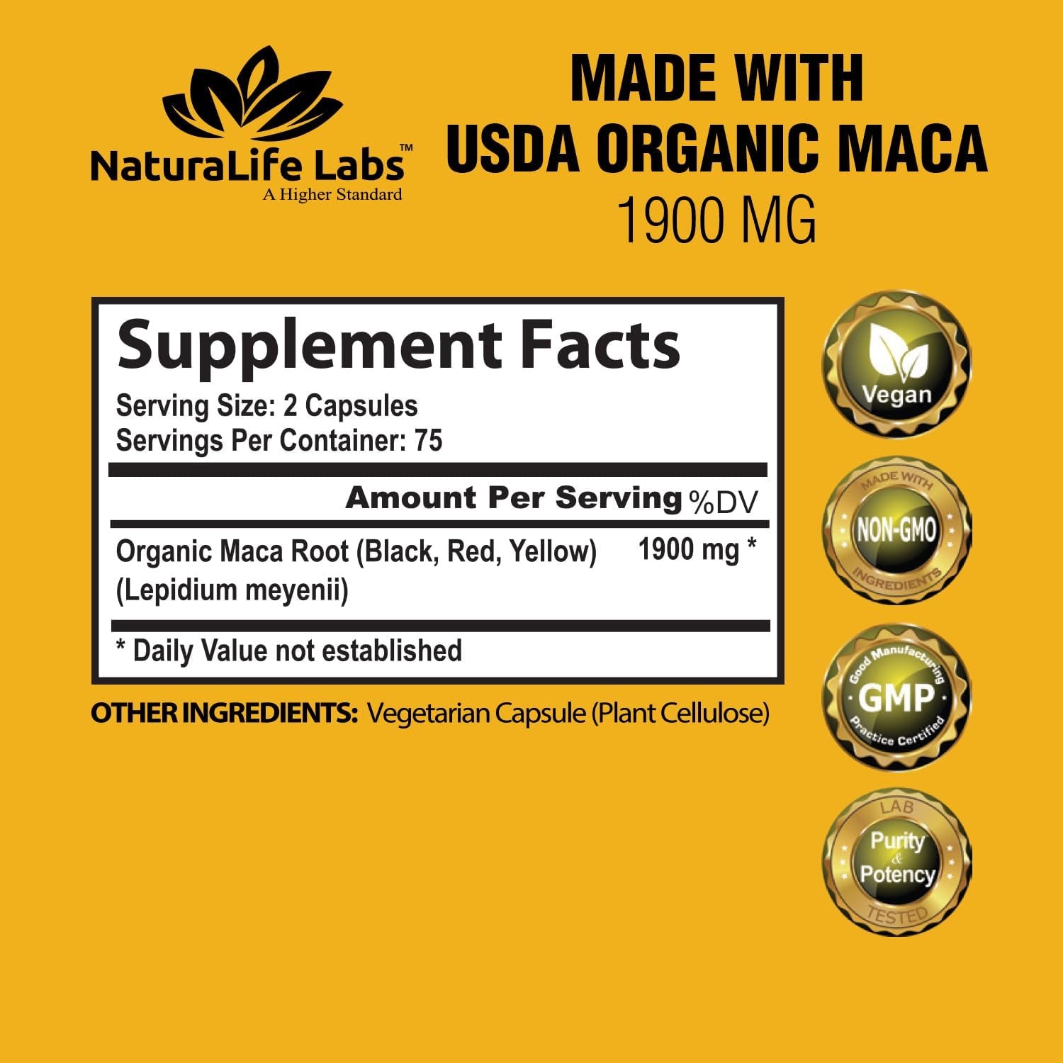 NatureLife Labs Organic Maca Root – Black, Red & Yellow – 1900 Mg per Serving – 150 Capsules – Gelatinized Peruvian Maca – Non-Gmo, Gluten-Free, Vegan