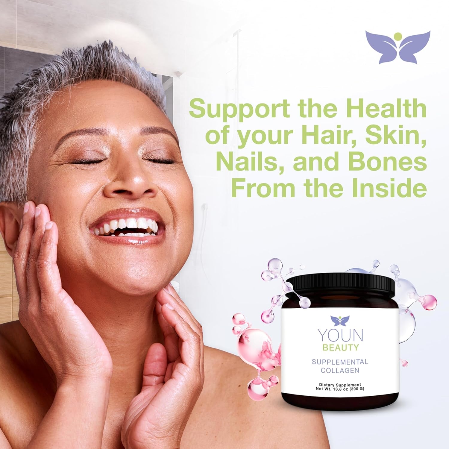 YOUN Beauty Supplemental Collagen – 390g | Multi-Peptide Powder for Skin, Hair, Nails & Joint Support