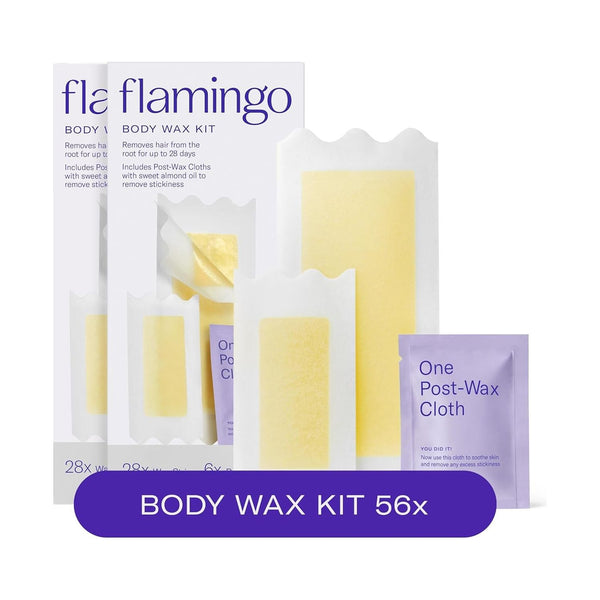 Flamingo Body Wax Kit – 56 Wax Strips + 12 Post-Wax Cloths | No-Heat, At-Home Hair Removal