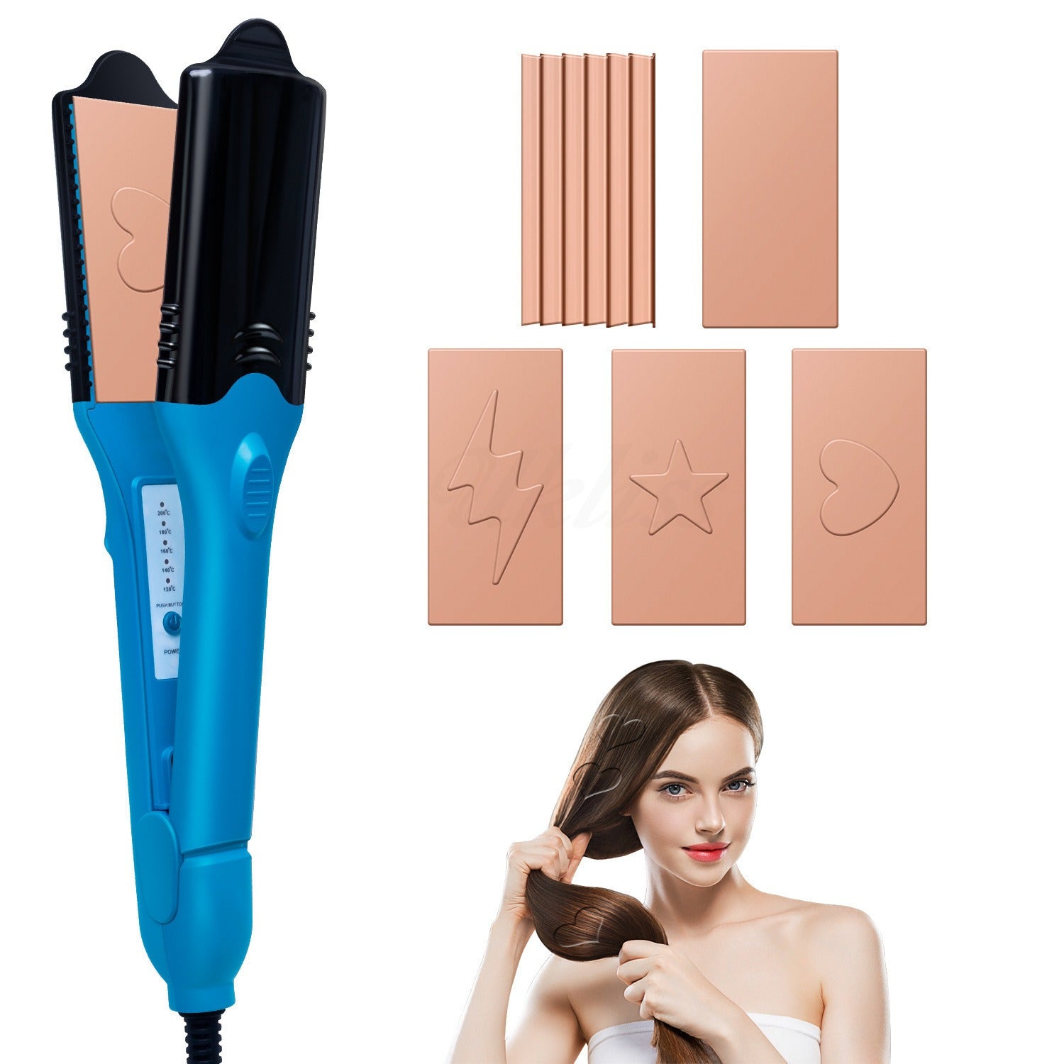 3D Hair Imprinting Iron – Electric Hair Straightener, Curler & Crimper with Shape Stamps (Stars, Hearts, Lightning)