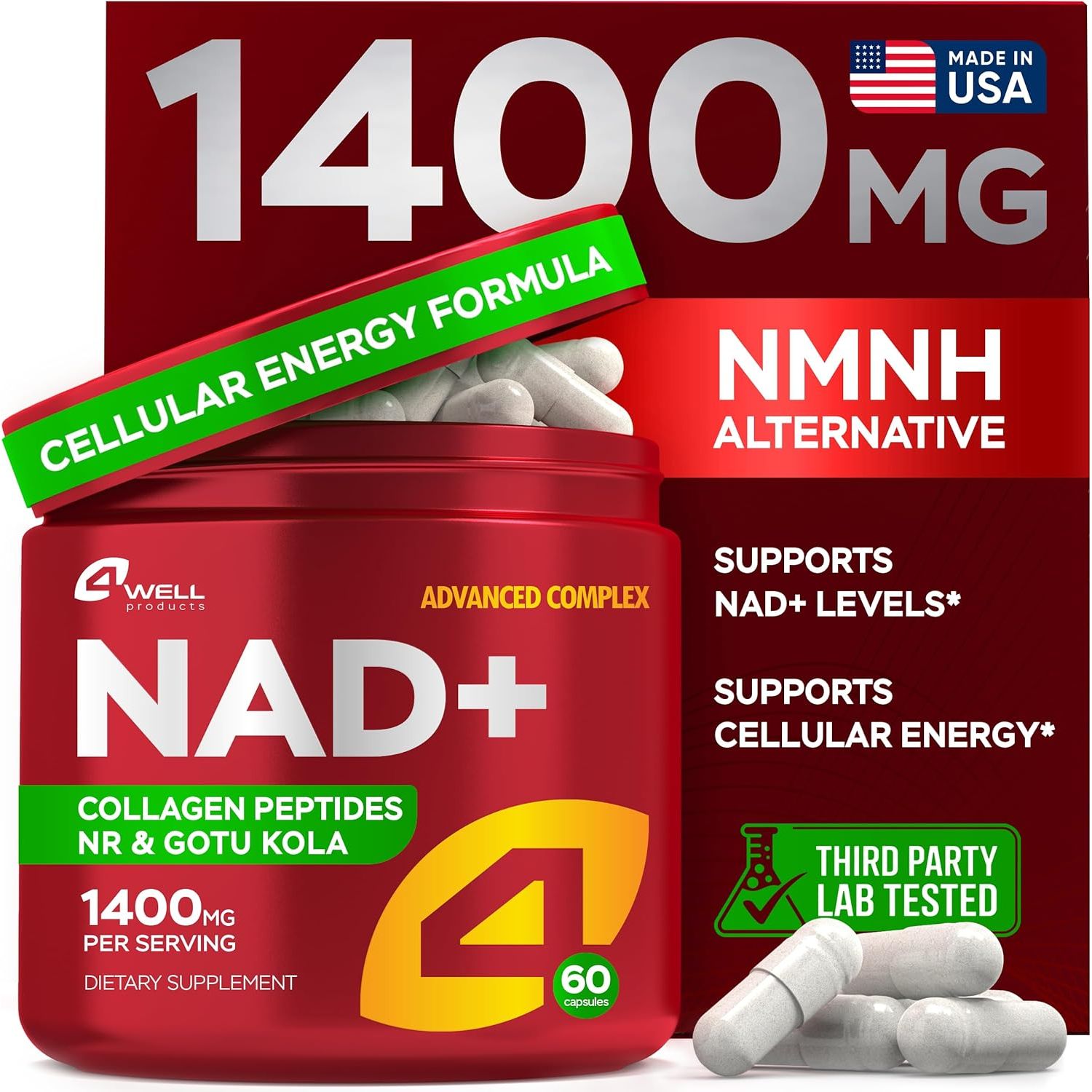 NAD plus Supplement 1400Mg - NMNH Supplement Alternative Supports Healthy Aging Complex with Nicotinamide Riboside & Gotu Kola, Collagen - Powerful NAD+ Formula for Energy, Skin & Cognitive, 60 Caps