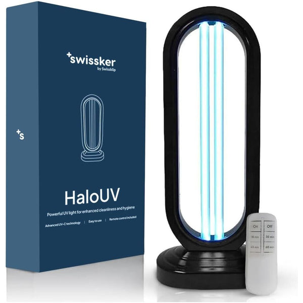 Swissklip +Swissker HaloUV Sanitizer | 360° UV Light Air & Surface Cleaner for Home & Office – Chemical-Free, Remote Controlled, 4 Timers