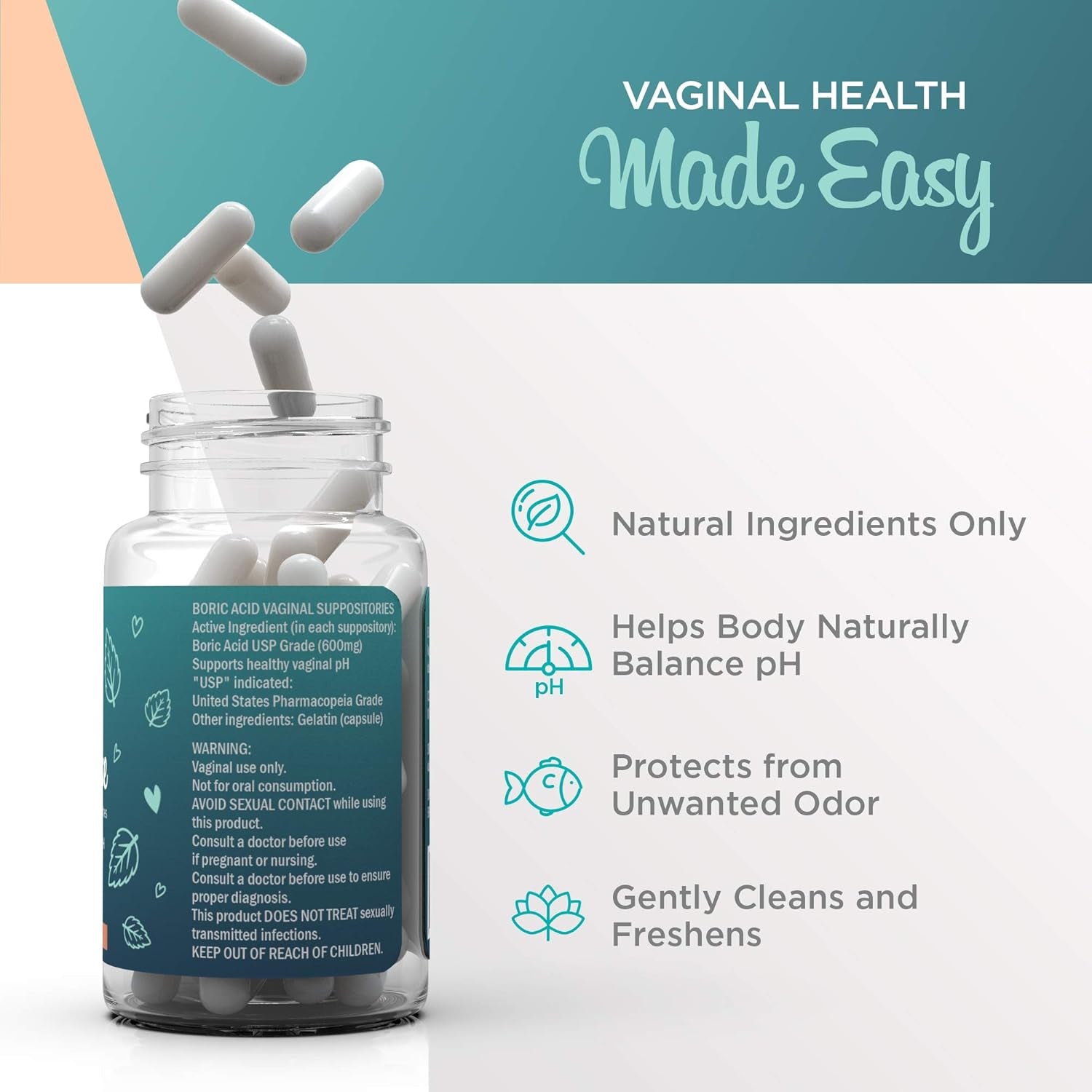Veefresh - Veecleanse Boric Acid Vaginal Suppositories + Suppository Applicator - Vaginal Ph Balance Suppositories - Vaginal Odor Control - Feel Fresh, Feminine and Confident
