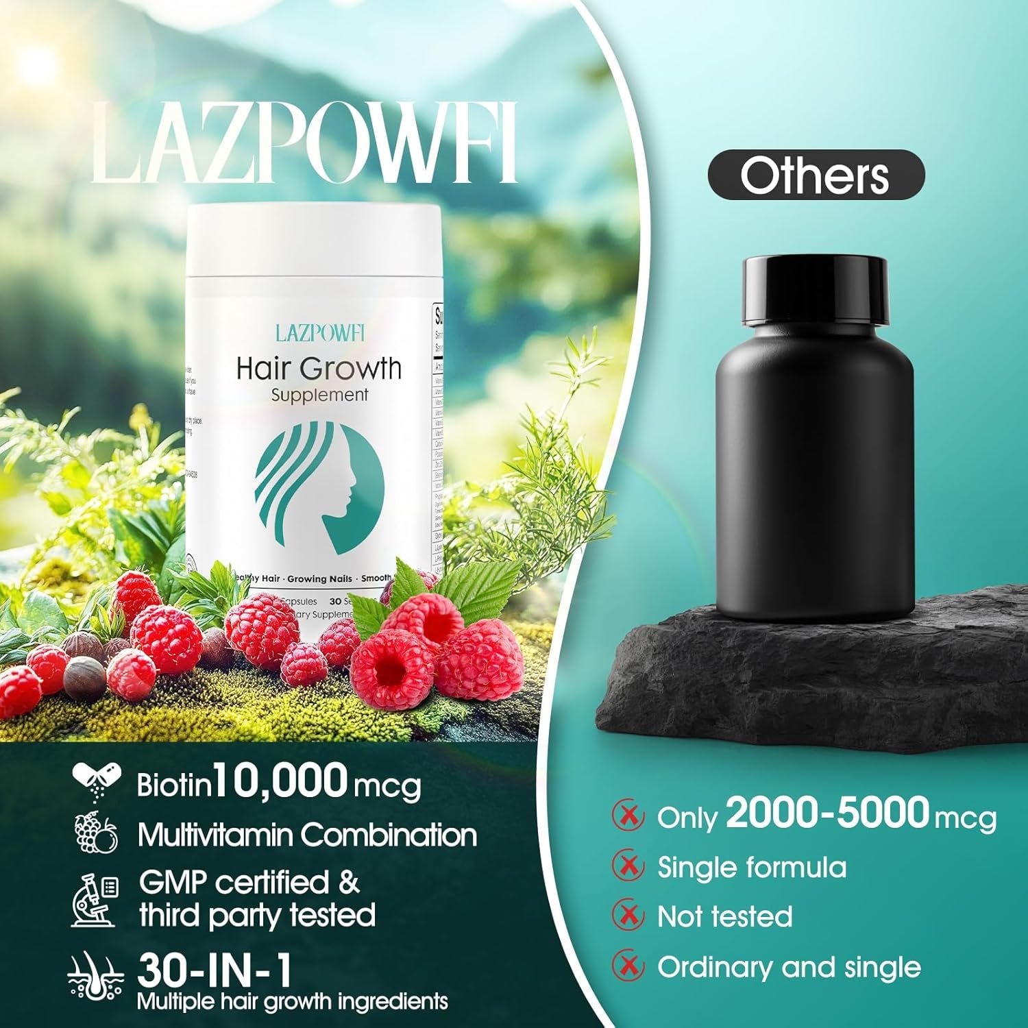 Lazpowfi Hair Growth Supplement – 120 Capsules | 30-in-1 Advanced Formula for Thicker, Healthier Hair