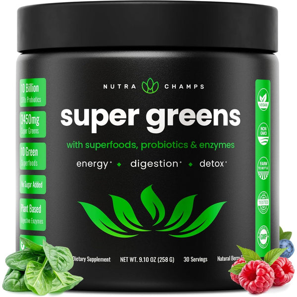 NutraChamps Super Greens Powder | Natural Berry Flavor – 258g, 30 Servings | 40+ Nutrients & Probiotics