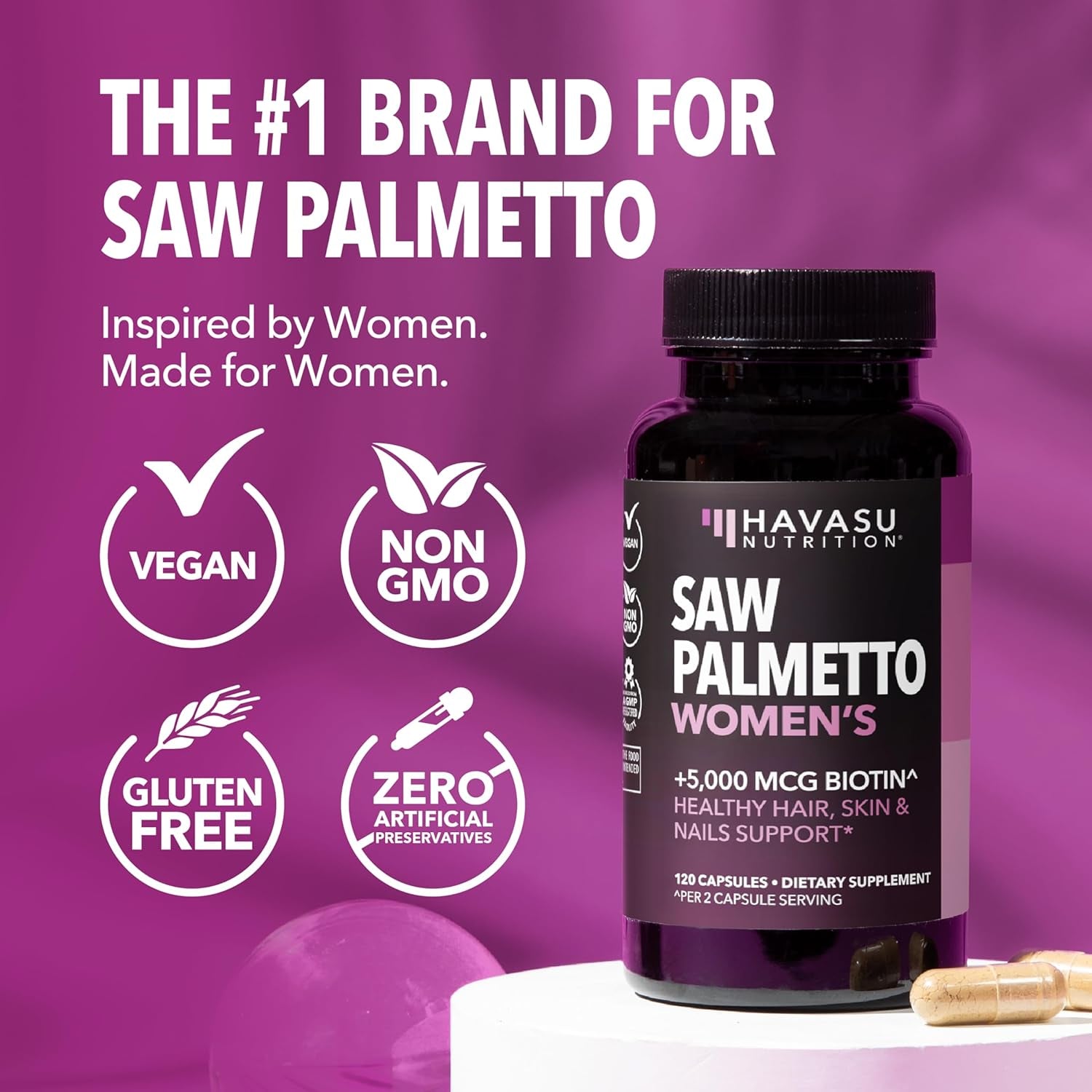 HAVASU NUTRITION Saw Palmetto Women’s – 120 Capsules | Hair, Skin & Nail Support with Biotin