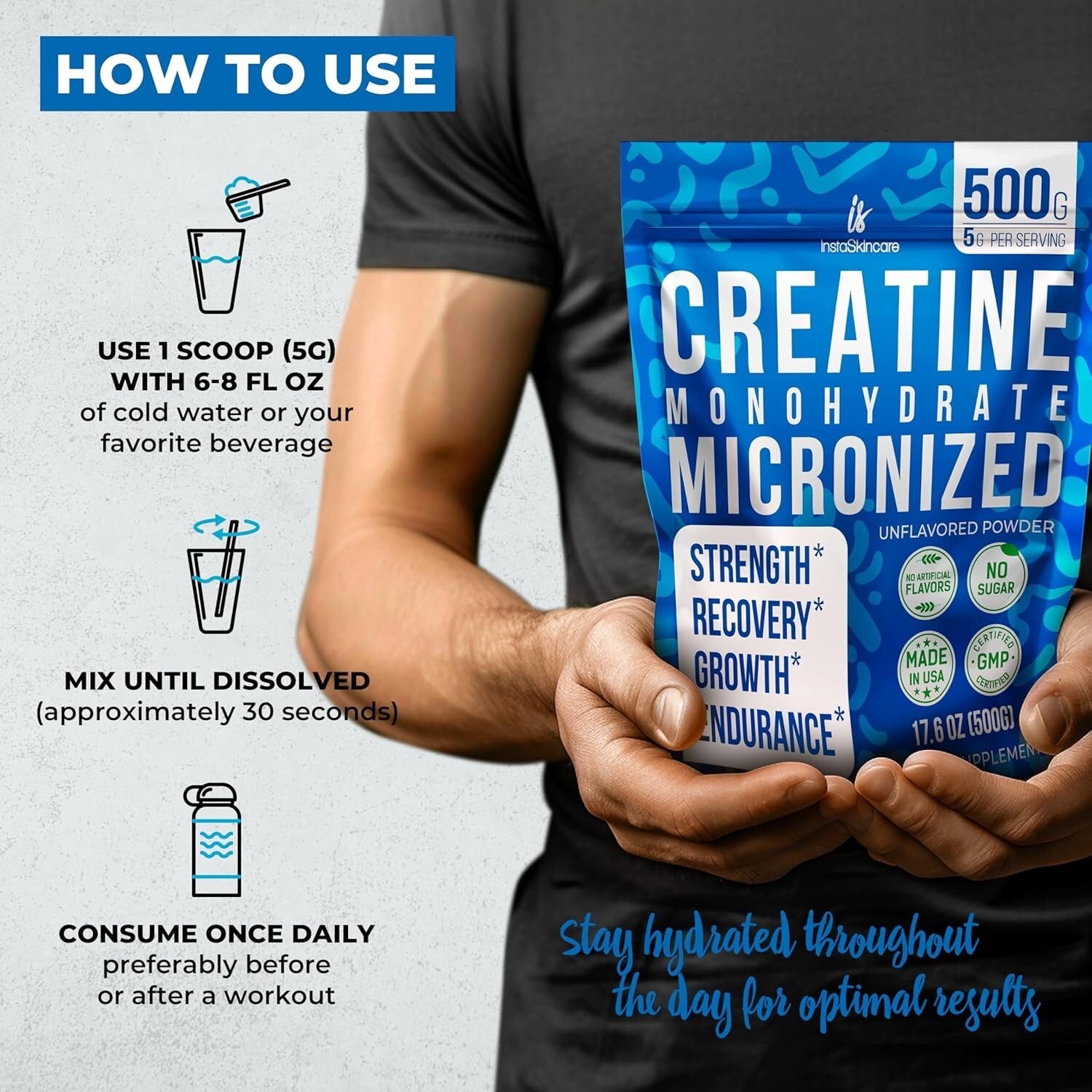 instaskincare Creatine Monohydrate Powder – 5000mg | Pure Micronized Creatine for Muscle Gain, Energy & Strength - 500g