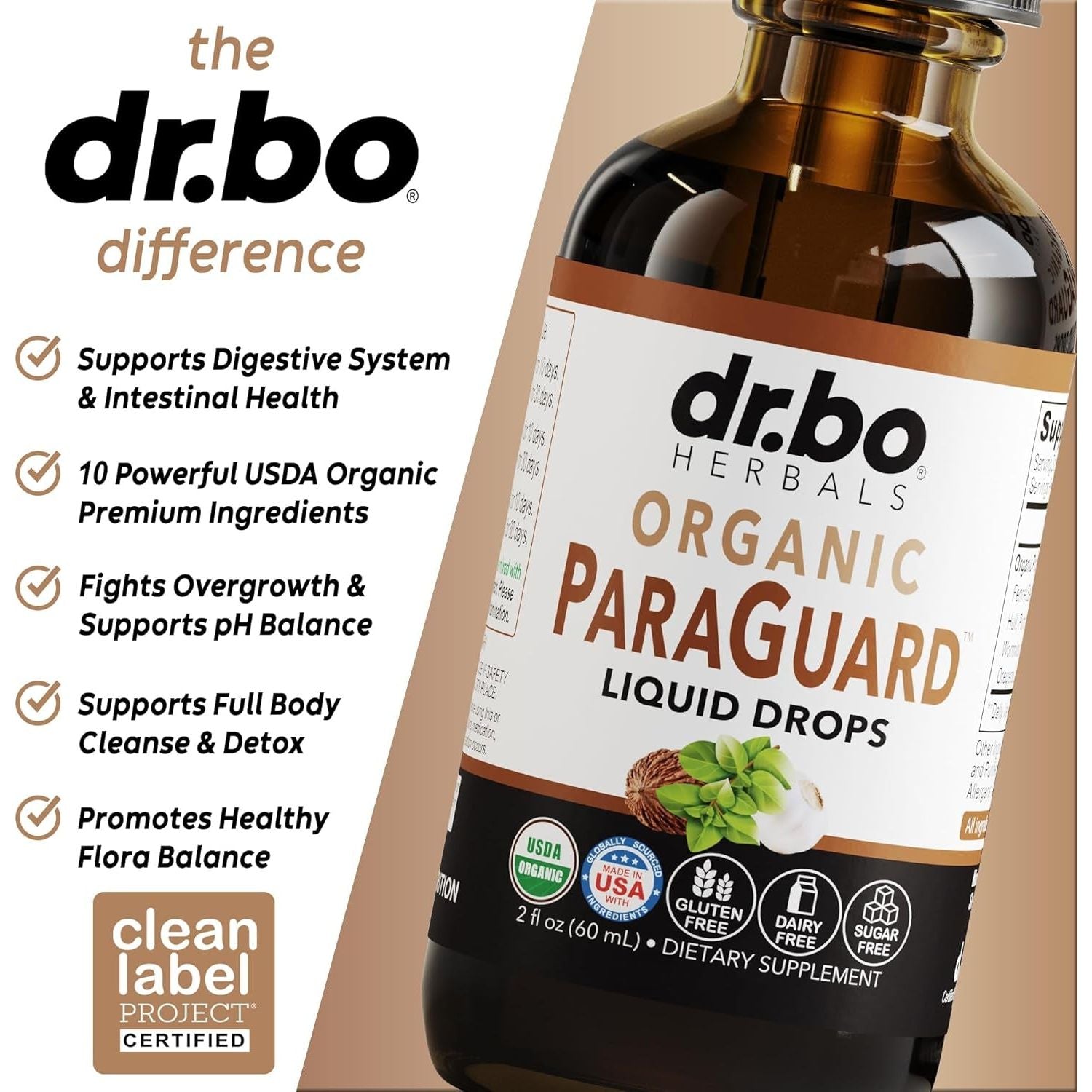 DR. BO Organic ParaGuard Liquid Drops – 60ml | Extra-Strength Herbal Gut Cleanse & Digestive Detox  Cleanse Naturally. Support Gut Harmony.