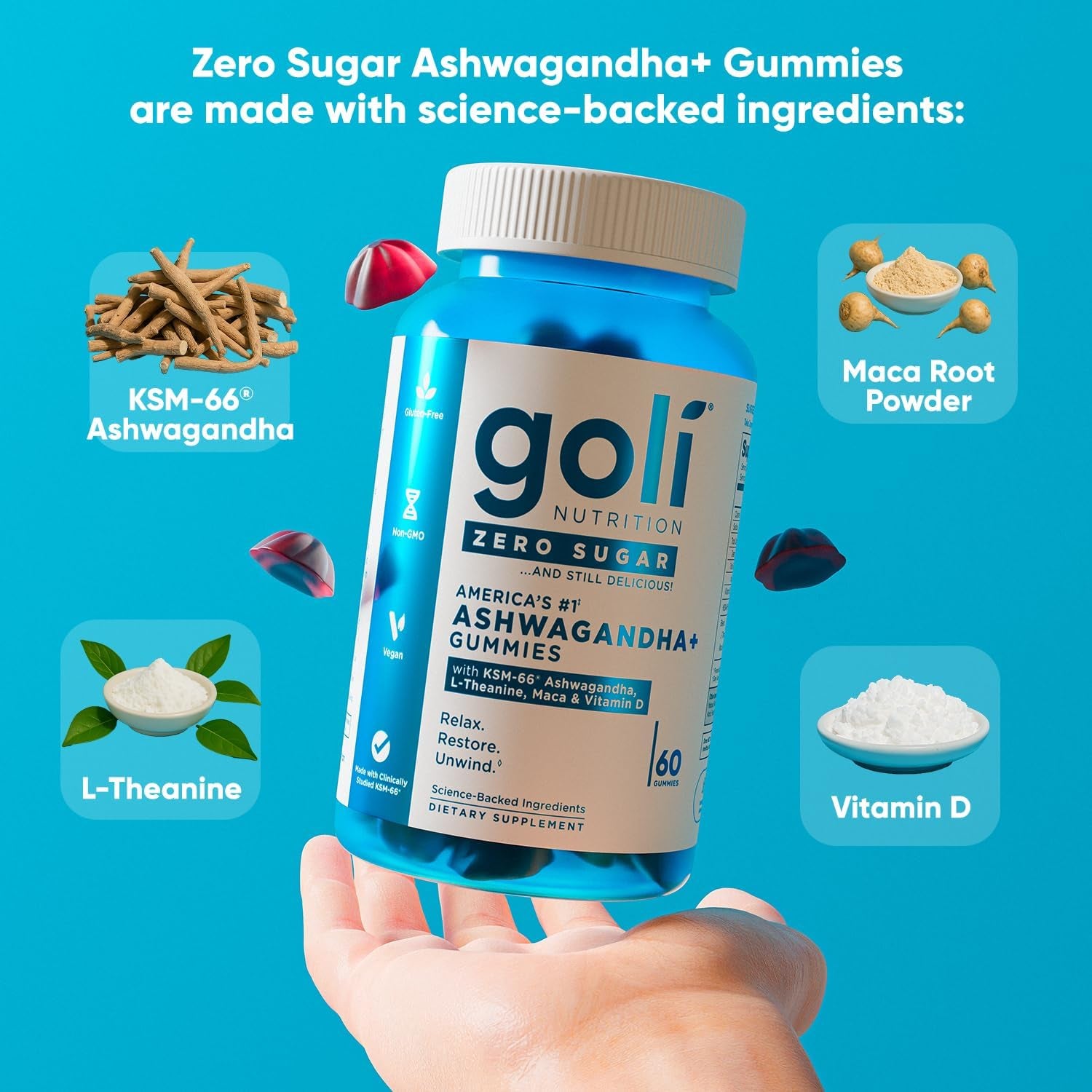 Goli Zero Sugar Ashwagandha+ Gummies – 60 Gummies | Stress Relief & Sleep Support Calm Your Mind, Fuel Your Body – Now with Zero Sugar!