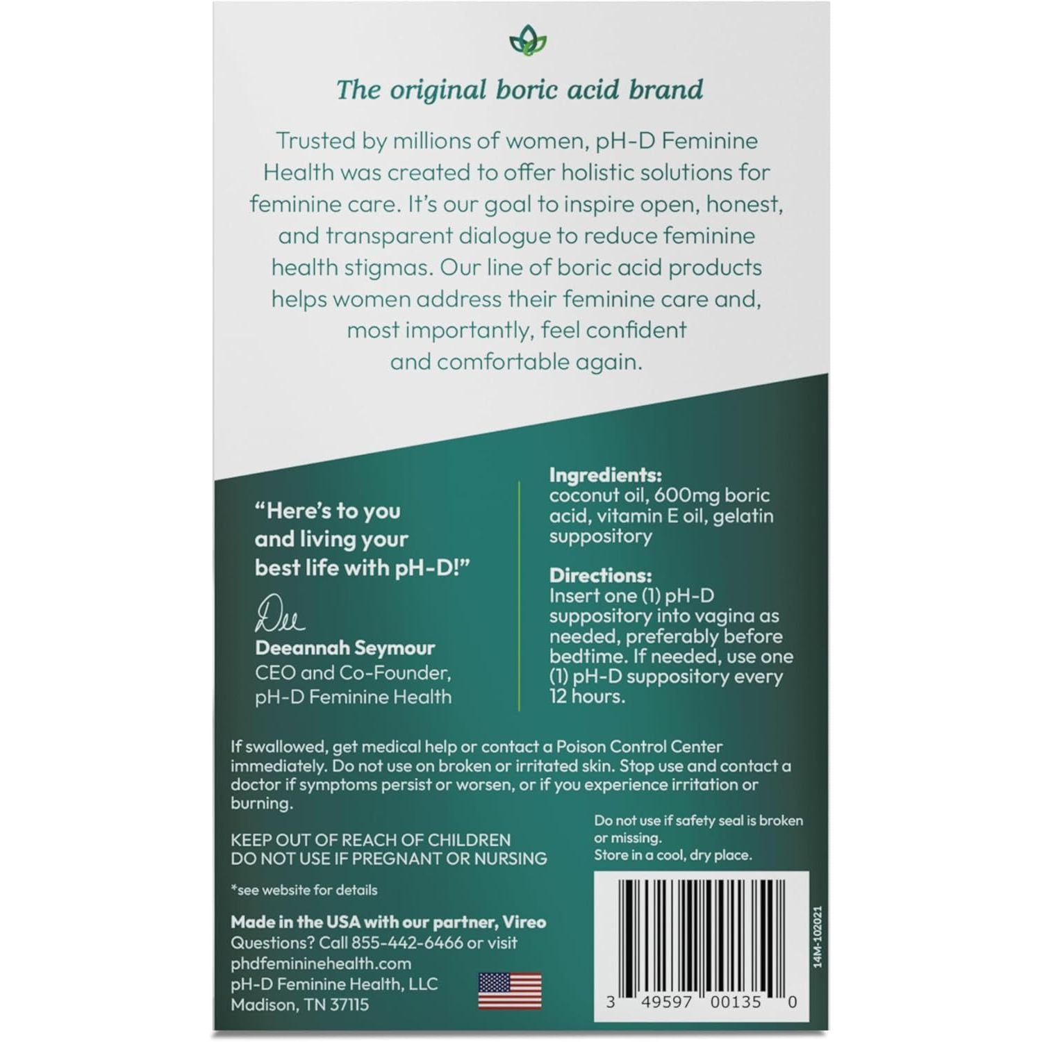 pH-D Feminine Health Support Moisturizing Boric Acid Vaginal Suppositories – 14 Count | Odour Relief & Hydration