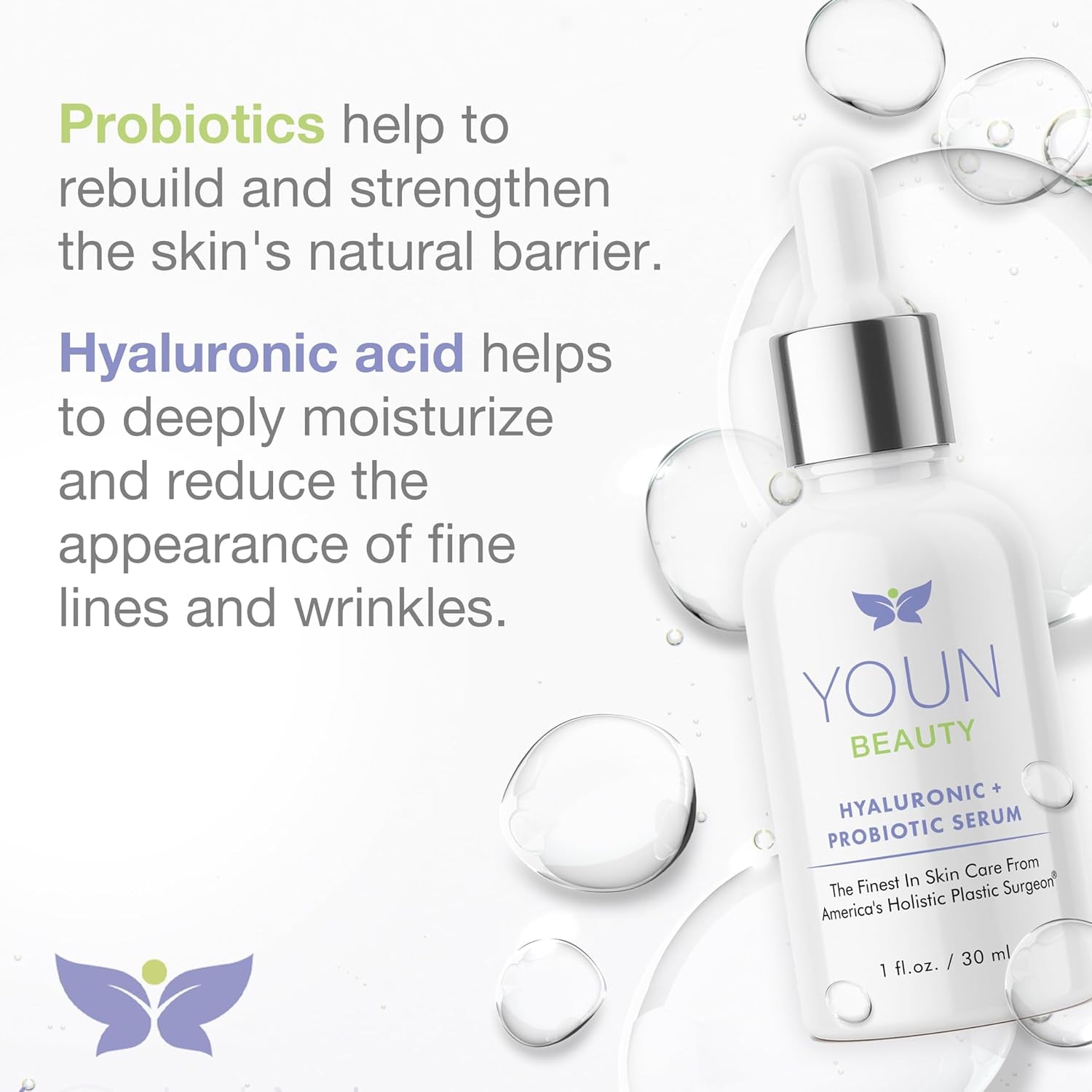 YOUN Beauty Hyaluronic + Probiotic Serum – 30ml | Hydrating & Skin-Balancing Facial Serum
