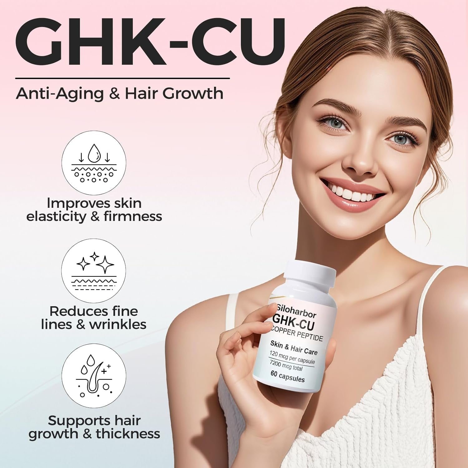 Ghk-Cu Copper Peptide Supplement, 120Mcg High-Purity Supplement for Skin & Hair, Enteric-Coated for Maximum Absorption, Vegan & Gluten-Free (60 Count)