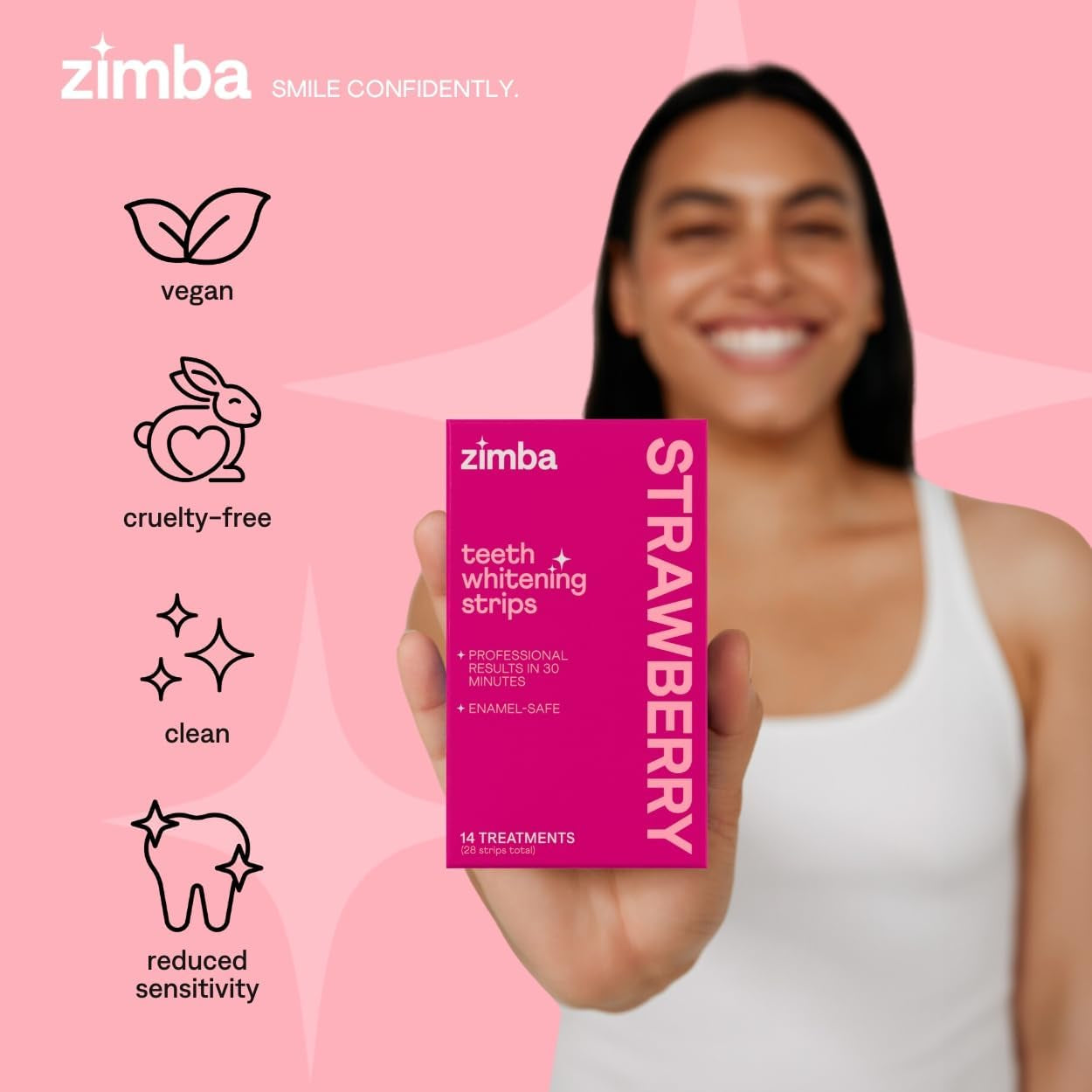 Zimba Strawberry Teeth Whitening Strips – 14 Treatments (28 Strips) | Brighten Smile, Remove Stains & Freshen Breath