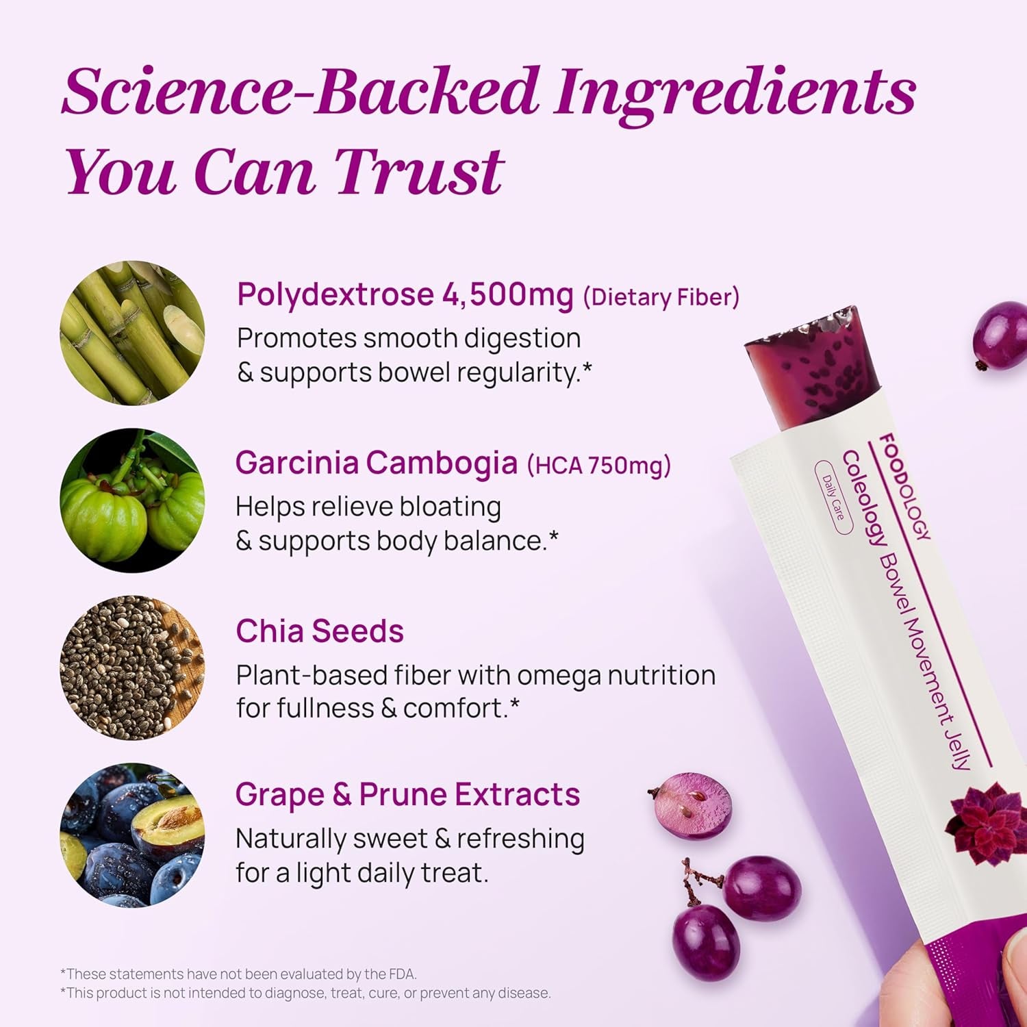 Coleology Bowel Movement Jelly – Fiber Supplement for Bloating Relief & Gut Cleanse - Grape & Prune - Garcinia Cambogia, Collagen, Chia Seeds (10 Counts, Grape & Prune)