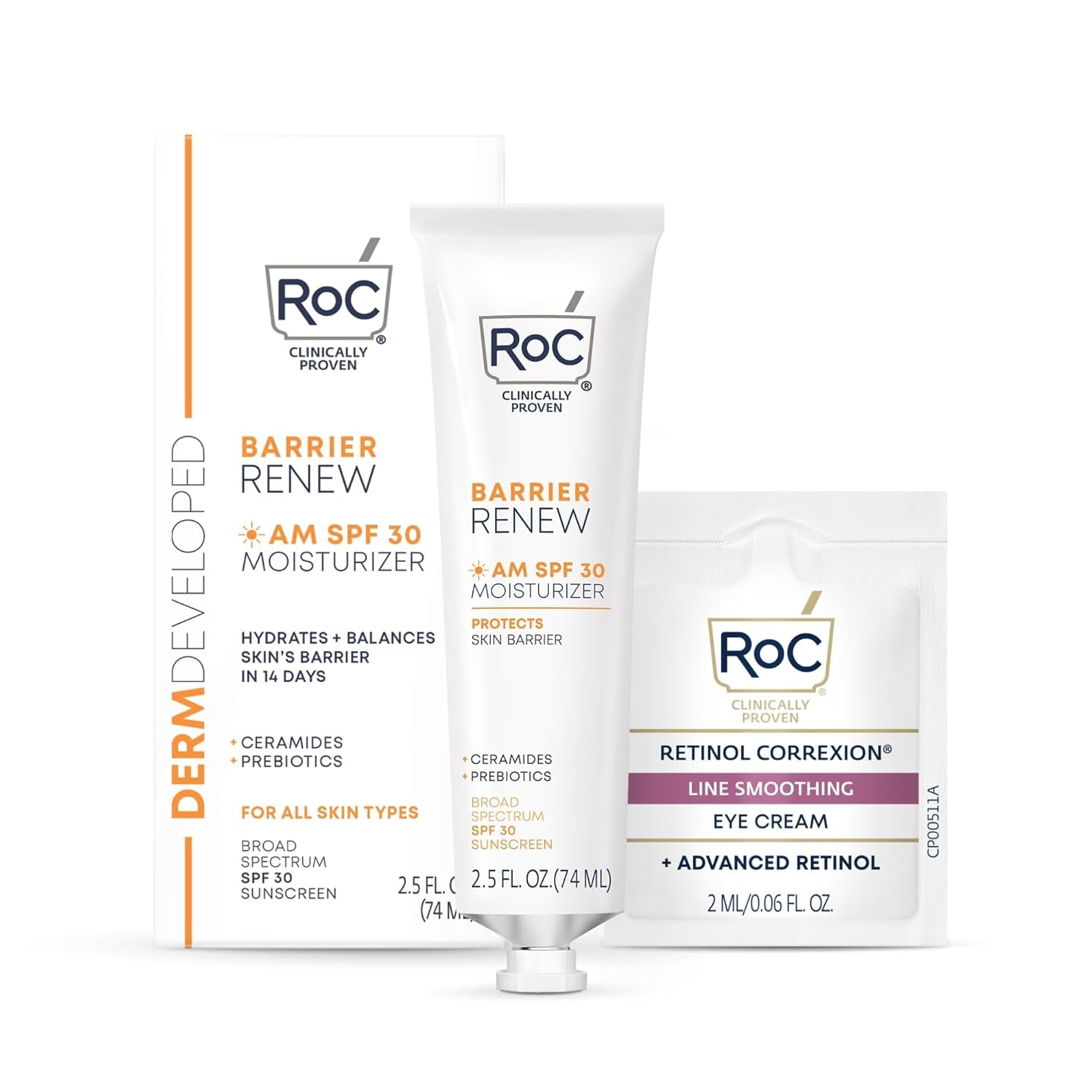RoC Barrier Renew AM SPF 30 Moisturizer (74ml) with Retinol Correction Line Smoothing Eye Cream Packette (2ml)
