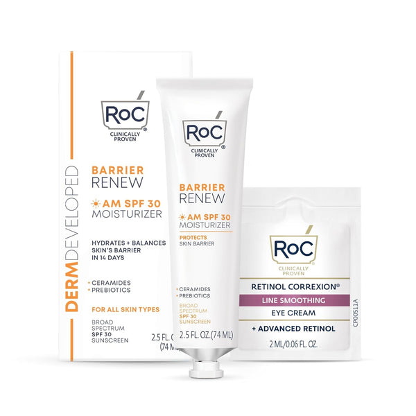 RoC Barrier Renew AM SPF 30 Moisturizer (74ml) with Retinol Correction Line Smoothing Eye Cream Packette (2ml)