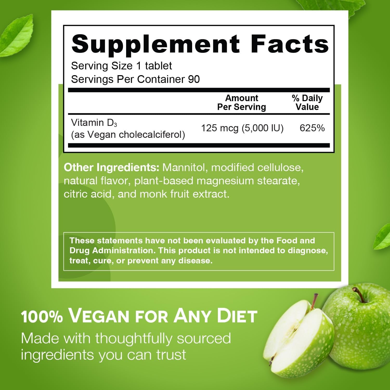 EZ Melts Dissolvable Vitamin D3 5,000 IU – 90 Tablets | Fast-Melting Green Apple Immune & Bone Support